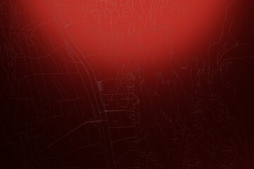 Street map of Vaduz (Liechtenstein) engraved on red metal background. Light is coming from top. 3d render, illustration