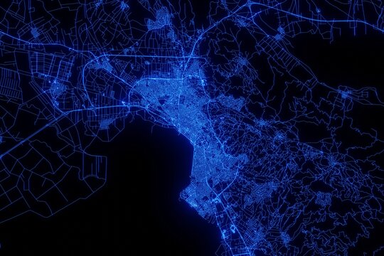 Street map of Thessaloniki (Greece) made with blue illumination and glow effect. Top view on roads network