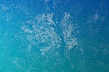 Map of the streets of Kyiv (Ukraine) made with white lines on greenish blue gradient background. 3d render, illustration