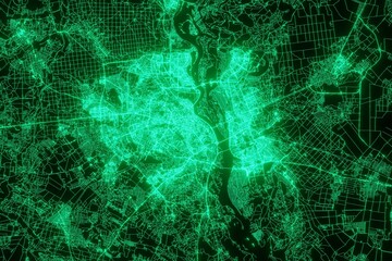 Map of the streets of Kyiv (Ukraine) made with green illumination and glow effect. Top view on roads network. 3d render, illustration