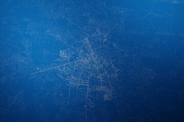 Stylized map of the streets of Lviv (Ukraine) made with white lines on abstract blue background lit by two lights. Top view. 3d render, illustration