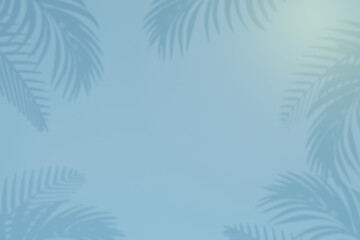 Fototapeta na wymiar Empty palm shadow blue color texture pattern cement wall background. Summer tropical beach concept.