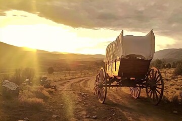 A horse and wagon on a trail in the old West. Cowboy movie. - obrazy, fototapety, plakaty
