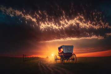 A horse and wagon on a trail in the old West. Cowboy movie. - obrazy, fototapety, plakaty