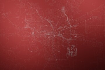 Map of the streets of Tallahassee (Florida, USA) made with white lines on abstract red background lit by two lights. Top view. 3d render, illustration