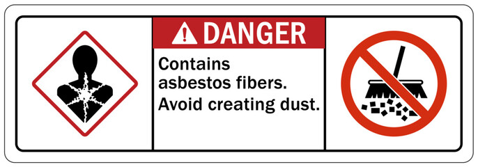 Asbestos chemical hazard sign and labels contains asbestos fibers. Avoid creating dust