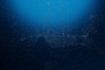 Street map of Evansville (Kentucky, USA) engraved on blue metal background. View with light coming from top. 3d render, illustration