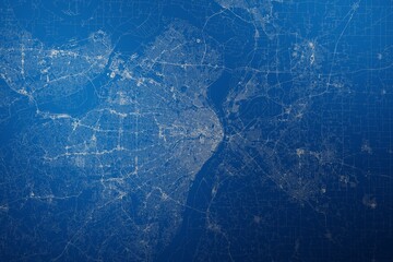 Stylized map of the streets of St Louis (Missouri, USA) made with white lines on abstract blue background lit by two lights. Top view. 3d render, illustration - obrazy, fototapety, plakaty