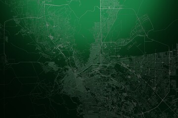 Street map of El Paso (Texas, USA) engraved on green metal background. Light is coming from top. 3d render, illustration