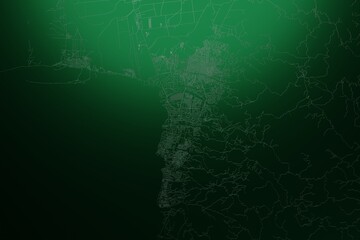 Street map of Bujumbura (Burundi) engraved on green metal background. Light is coming from top. 3d render, illustration
