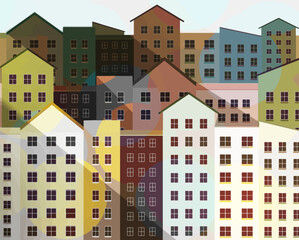 Fototapeta premium Urban architecture. City buildings, apartments in a downtown neighborhood are seen in a vector illustration.