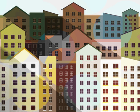 Urban architecture. City buildings, apartments in a downtown neighborhood are seen in a vector illustration.