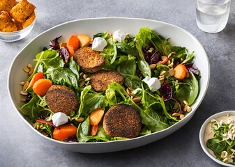 healthy salad with chicken, arugula and avocado. top view.