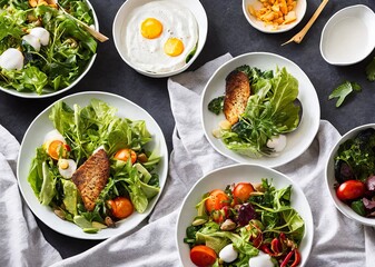 healthy salad with chicken, arugula and avocado. top view.