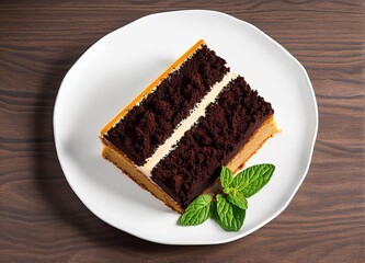 piece of delicious cake with chocolate and mint on wooden background
