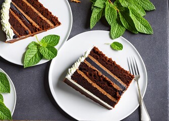 piece of delicious cake with chocolate and mint on wooden background