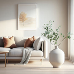 View of modern scandinavian style interior with sofa and trendy vase, Home staging and minimalism concep, Generative IA