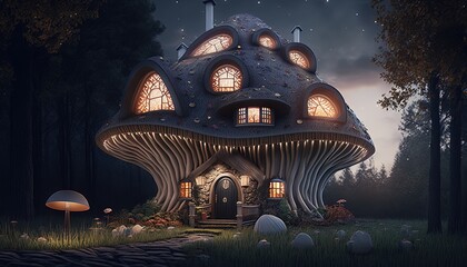 mushroom house, gnome home, fantasy fairytale architecture, Generative Ai