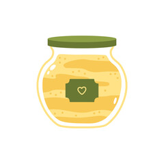 Honey in a glass jar. Cute cartoon print in pastel colors. Vector element isolated on white background