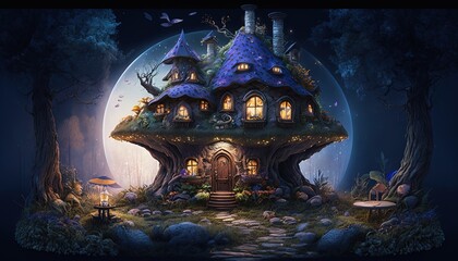 Fototapeta na wymiar mushroom house, gnome home, fantasy fairytale architecture, Generative Ai