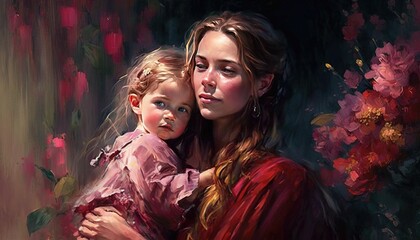 Mother's Day with Beautiful Painting Backgrounds of Mom and Children Generative AI