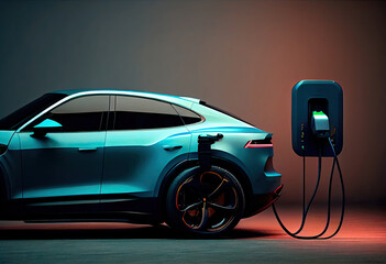 Fototapeta na wymiar Modern luxury car at charging station. Ai generated