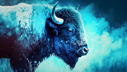 White and blue bison, wallpaper, 16:9, background, graphic, illustration, design, buffalo, blue, white