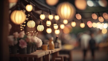 festive atmosphere restaurant or night market place with string lights and flower bouquet on table, Generative Ai