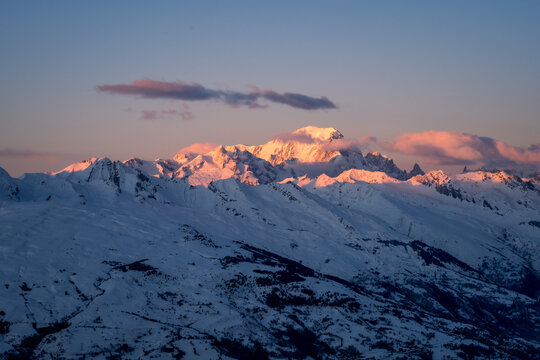 Sunset at Mont Blanc, the highest peak in Europe seen from La Plagne ski resort in France