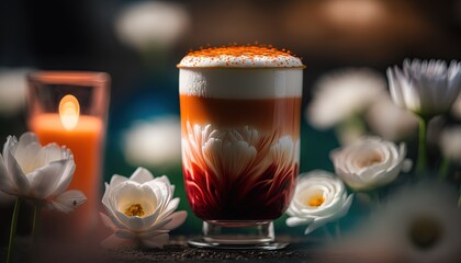 Obraz na płótnie Canvas close up Thai ice tea with flower blossom, romantic spring time, popular Asian drink, Generative Ai