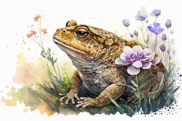 Watercolor painting of peaceful toad in a colorful flower field. Beautiful artistic animal portrait for poster, wallpaper, art print. Made with generative AI.