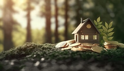 a houses with a lot of coin stack on ground with sunlight , idea for property investment, income , tax, and passive income, Generative Ai