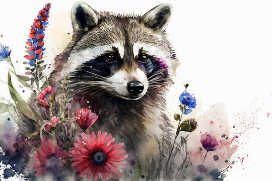 Watercolor painting of cute racoon in a colorful flower field. Beautiful artistic animal portrait for poster, wallpaper, art print. Made with generative AI.
