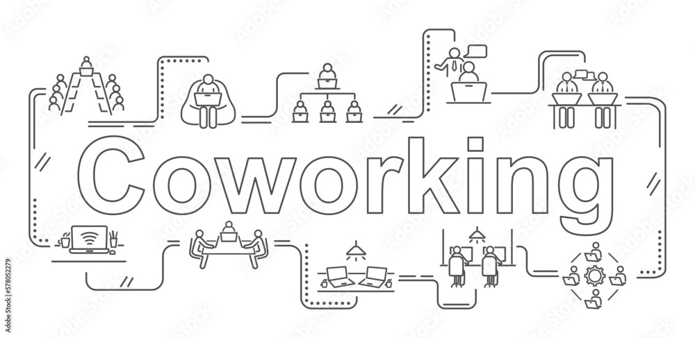 Poster coworking line banner. collection of minimalistic icons for website. teamwork and partnership, effic