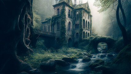 medieval castle in dark forest