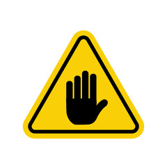 Yellow triangle and black palm. Forbidden access. Forbidden sign. Do not touch. Will stop. No entry sign.