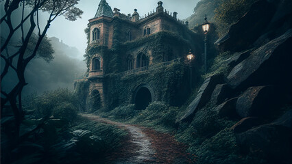 old castle in moss forest