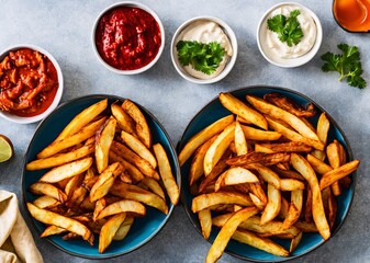 french fries with ketchup and sauce on a wooden background