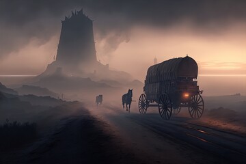 A horse drawn carriage with a castle in the background. Mysterious foggy scene. 