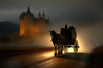 A horse drawn carriage with a castle in the background. Mysterious foggy scene. 