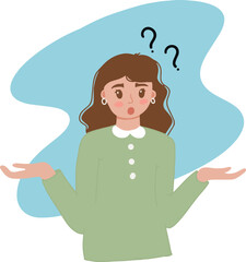 Young woman pretty thinking and confused doubtfull expression with many question mark illustration