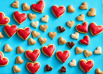 Obraz premium heart shaped cookies on a blue background. top view.