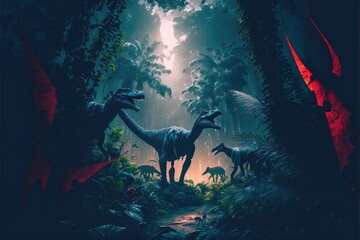 Fantasy in dinosaur or predator in the deep jungle scenery. Concept of prehistoric landscape in the Jurassic period of living life. Finest generative AI.