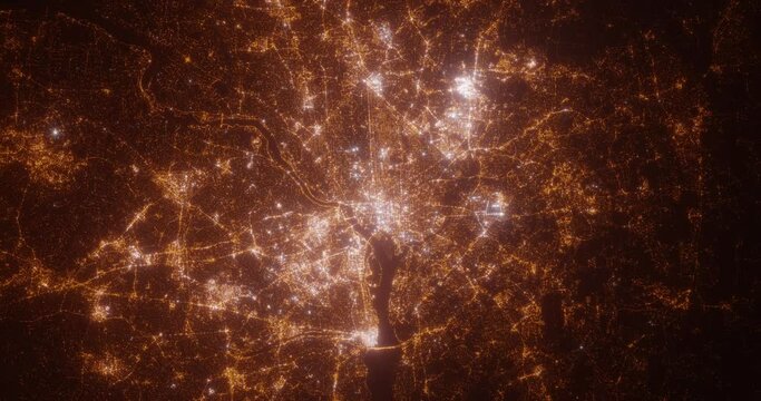 Washington (District of Columbia, USA) aerial view at night. View on modern city from space. Camera is zooming in, rotating counterclockwise