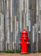 Fototapeta na wymiar fire hydrant on the background of a wall with red and blue water