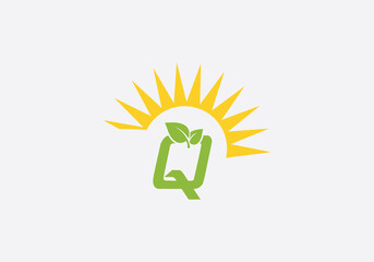 Green leaf  solar logo design and eco sun icon letter Q