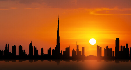 Obraz na płótnie Canvas United Arab Emirates, Dubai skyline view at sunset. UAE celebration. National day, Flag day, Commemoration day, Martyrs day.