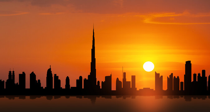 United Arab Emirates, Dubai skyline view at sunset. UAE celebration. National day, Flag day, Commemoration day, Martyrs day.