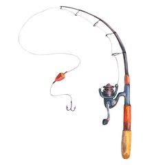 Fishing rod, watercolour illustration, grey, silver, red colours. Tool to catch fish. Hand drawn watercolor painting on white, cut out clipart element for stylish design