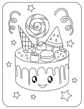 Dessert. Cake, candy, lollipop. Cheerful vector image. Kawaii. Coloring.